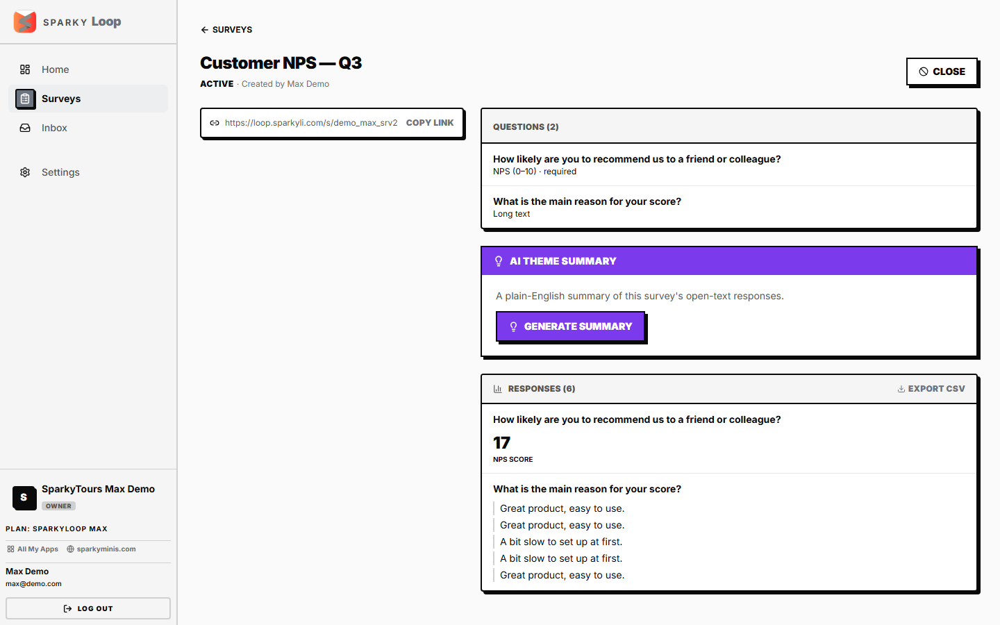 SparkyLoop survey results showing an NPS score and open-text responses